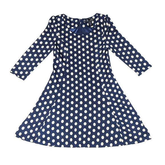 Lapis Skater Dress Large Navy Blue Retro Polka Dot Preppy Rockabilly Pinup - Picture 1 of 11
